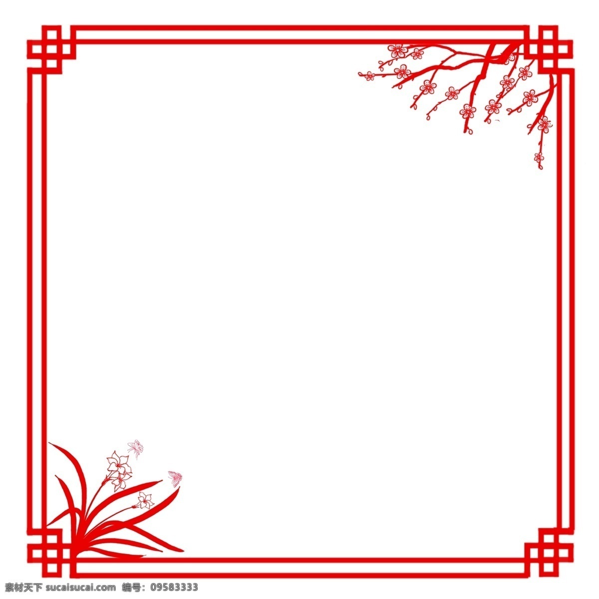 卡通 手绘 方形 剪纸 边框 卡通手绘 中国风 漂亮的 红色的 中国红 剪纸边框 梅花 树枝 兰花 蝴蝶