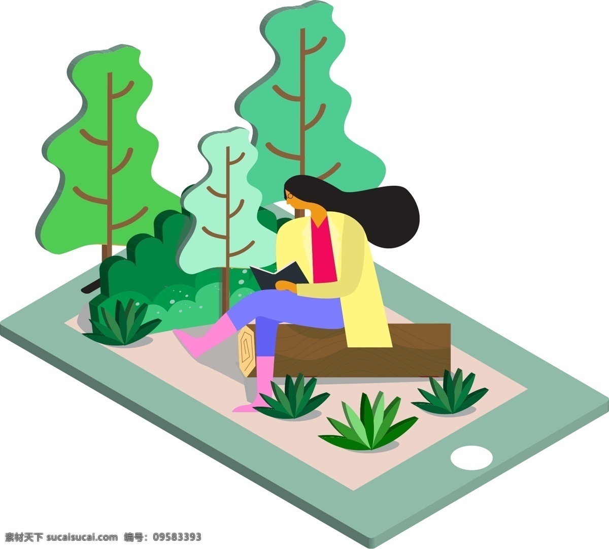 手机 上 看书 女孩 矢量图 卡通的 手绘 2.5d 手机上的场景 看书的女孩 树木 草 植物 人物 平面 海报