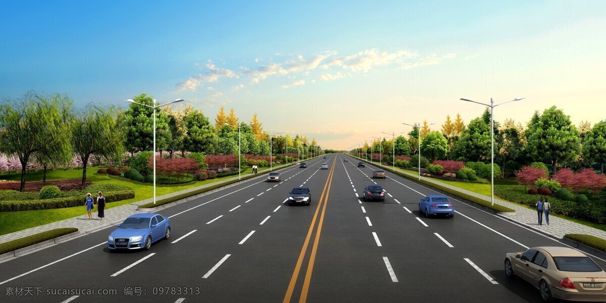 道路景观平视 3d设计 3d效果图 车 路灯 绿化 室外模型 树 道路景观 平视 沥青路面 行道线 天空 效果图 3d模型素材 建筑模型
