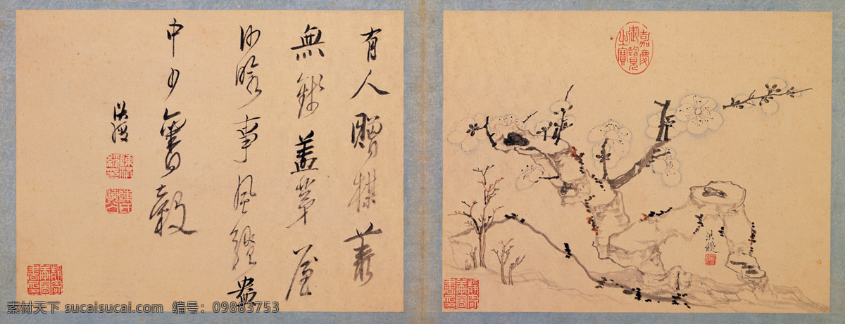 古梅 古画 白梅 山石 古典 书法 印章 国画 明代 陈洪绶 工笔 花鸟 名家工笔 绘画书法 文化艺术