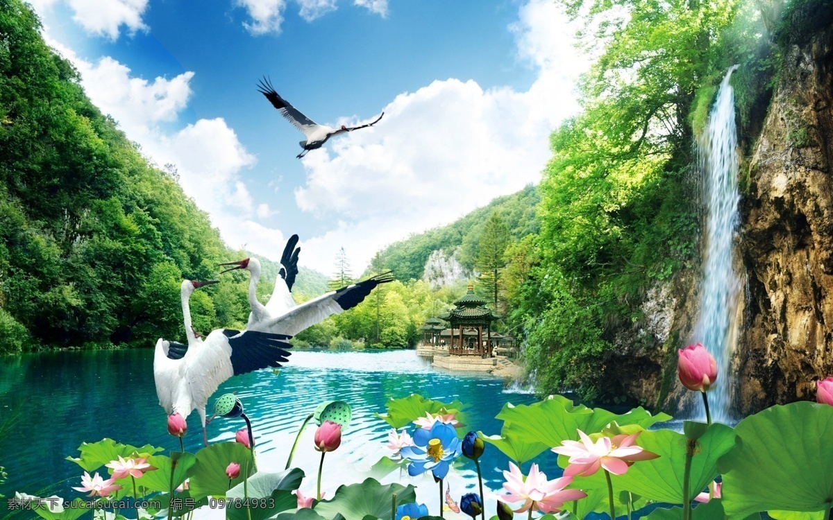 山水风景 白鹤 池塘 风景 海报背景 荷花 山水 自然景观 自然风光