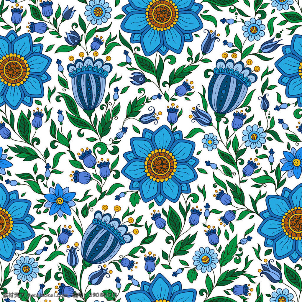 蓝色 花朵 花卉 背景 彩色 树叶 无缝背景 时尚背景 抽象背景 创意背景 底纹背景 底纹边框 矢量素材