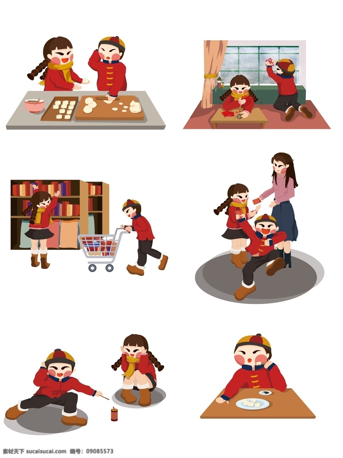 年画 娃娃 新年 习俗 矢量 插画 套 图 年画娃娃 过年 春节 包饺子 放鞭炮 吃饺子 买年货 贴窗花 发红包 过年场景 新年场景 新年插画 过年插画
