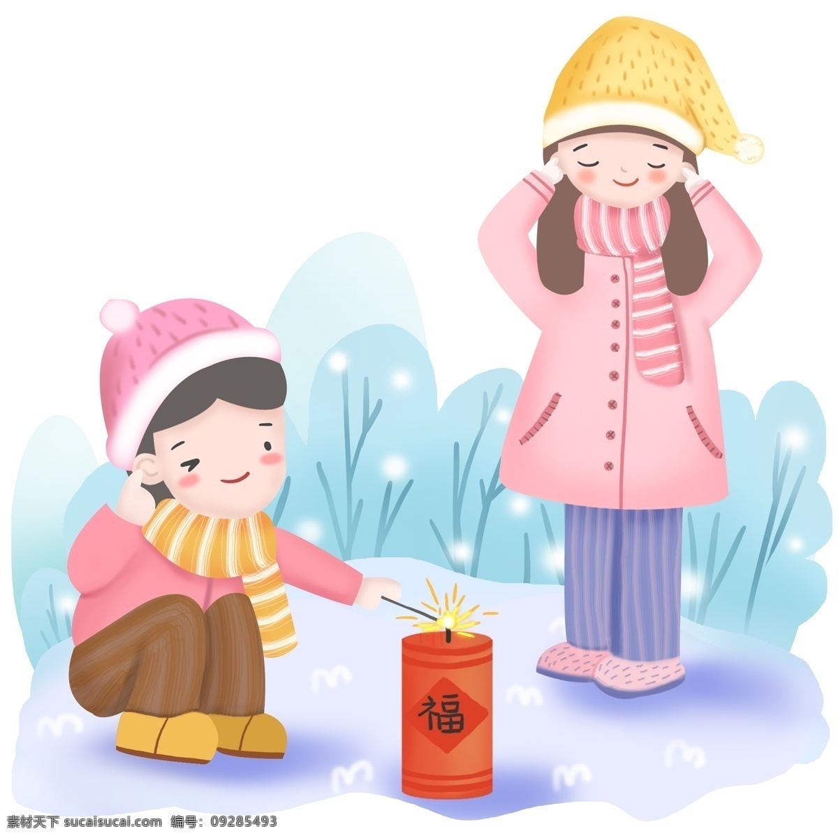 手绘 小朋友 点 炮竹 场景 开心 玩耍 点炮竹 冬天新春 过新年 开心过大年