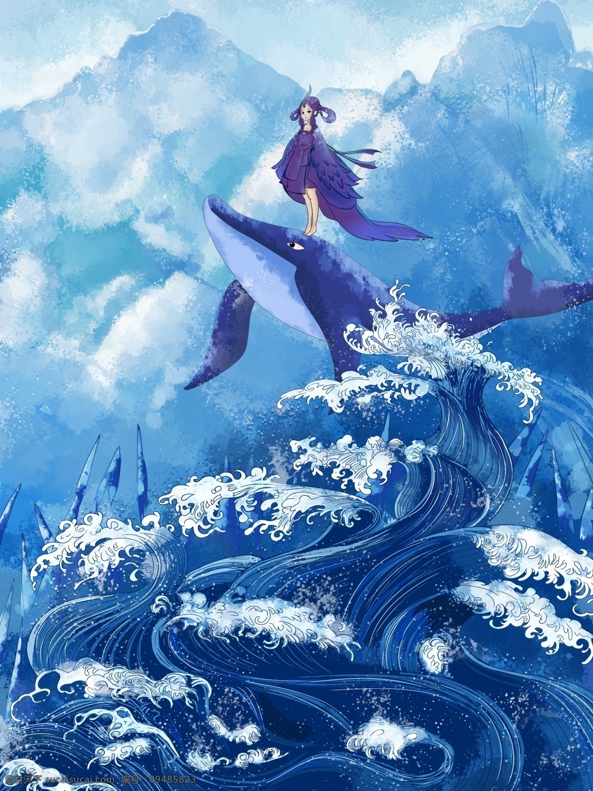 唯美 插画 海蓝 时见 鲸 女孩 鲸鱼 海水 冷色系