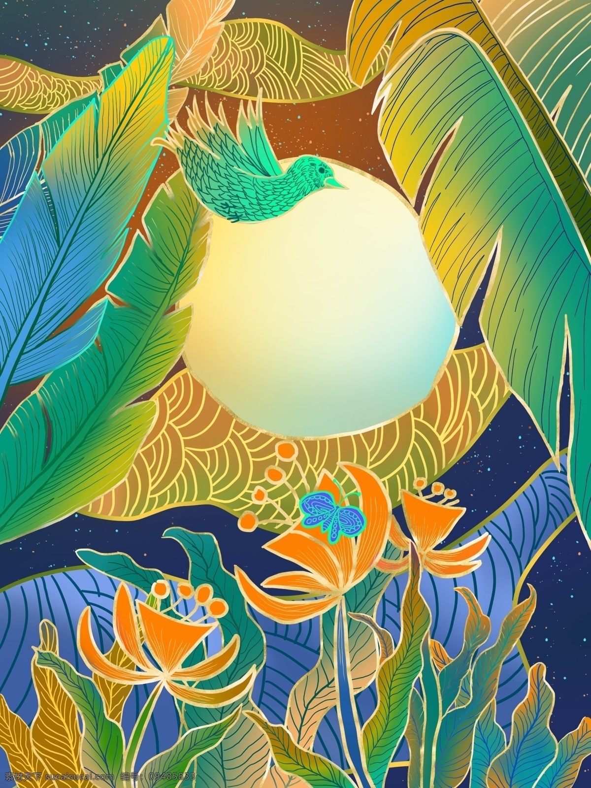 芭蕉叶 下 花 流光溢彩 插画 花卉 植物 祥云 星空 壁纸 喜鹊 鸟 中国风