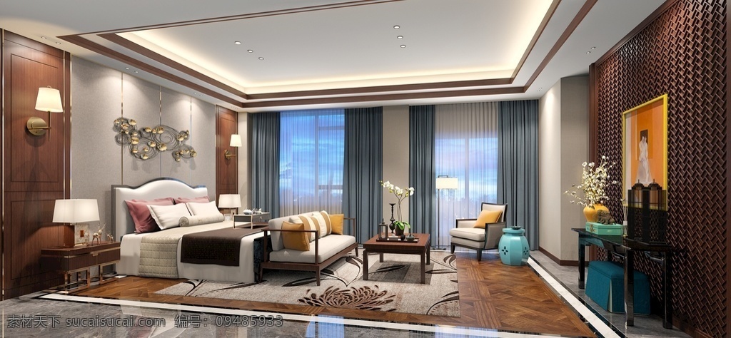 中式 卧室 效果图 3d 模型 新中式 书房 挂画 书桌 室内 3dmax 挂饰 软装 灯光 配饰 护墙板 床 床头柜 效果图模型 3d设计 室内模型 max