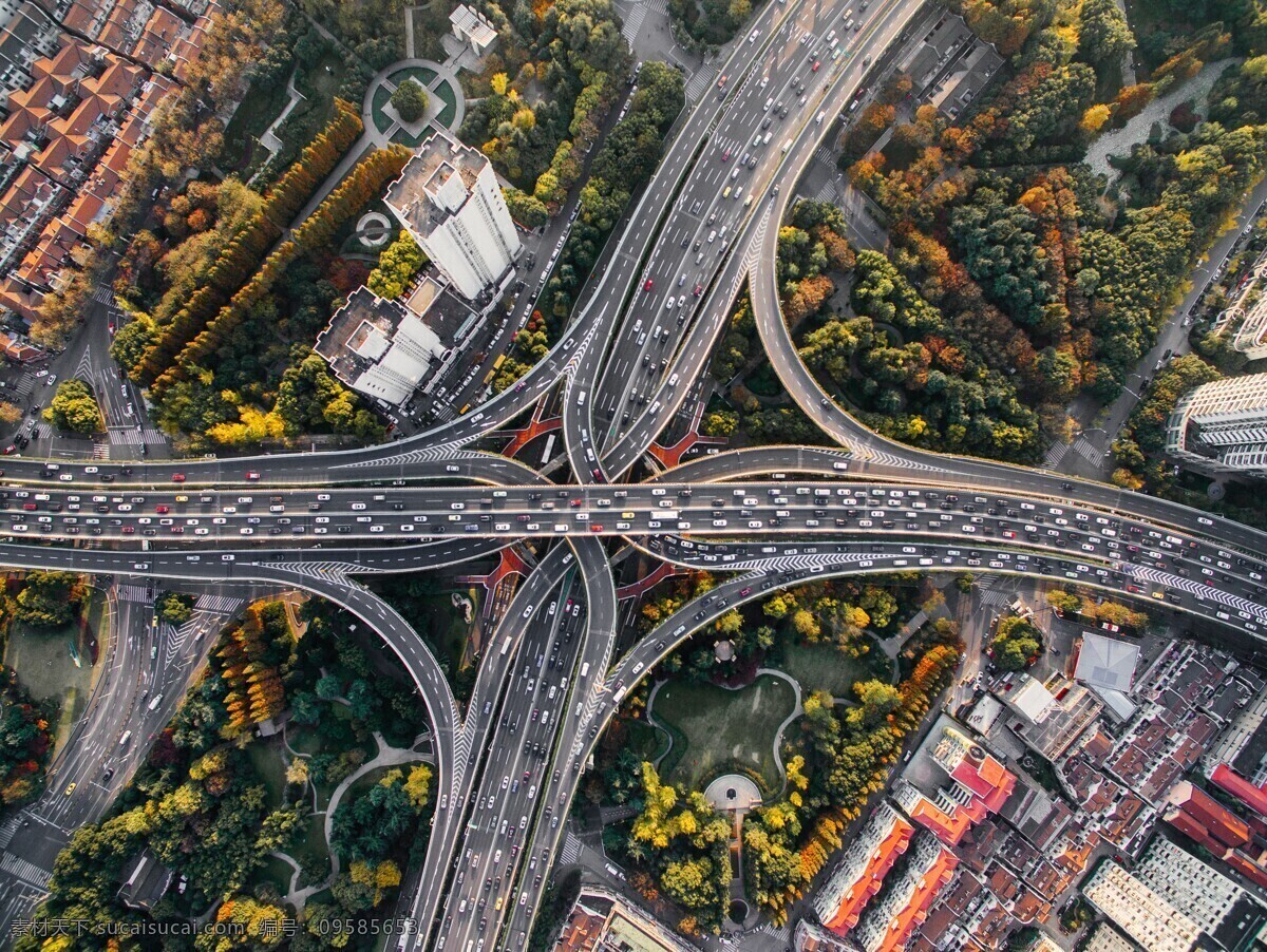 俯瞰 城市 高架桥 高速路 汽车 车流 建筑 高空 自然景观 建筑景观