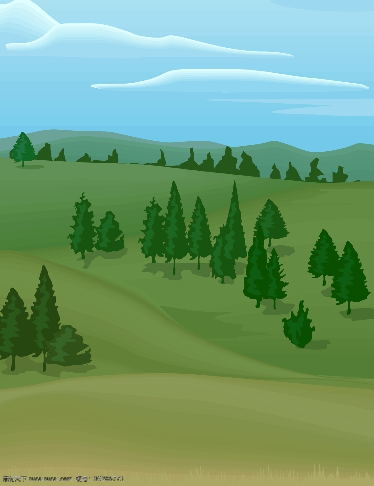春天 里 山丘 草 其他矢量 矢量素材 矢量图库 树木 春天里的山丘 自然风景插画 插画集