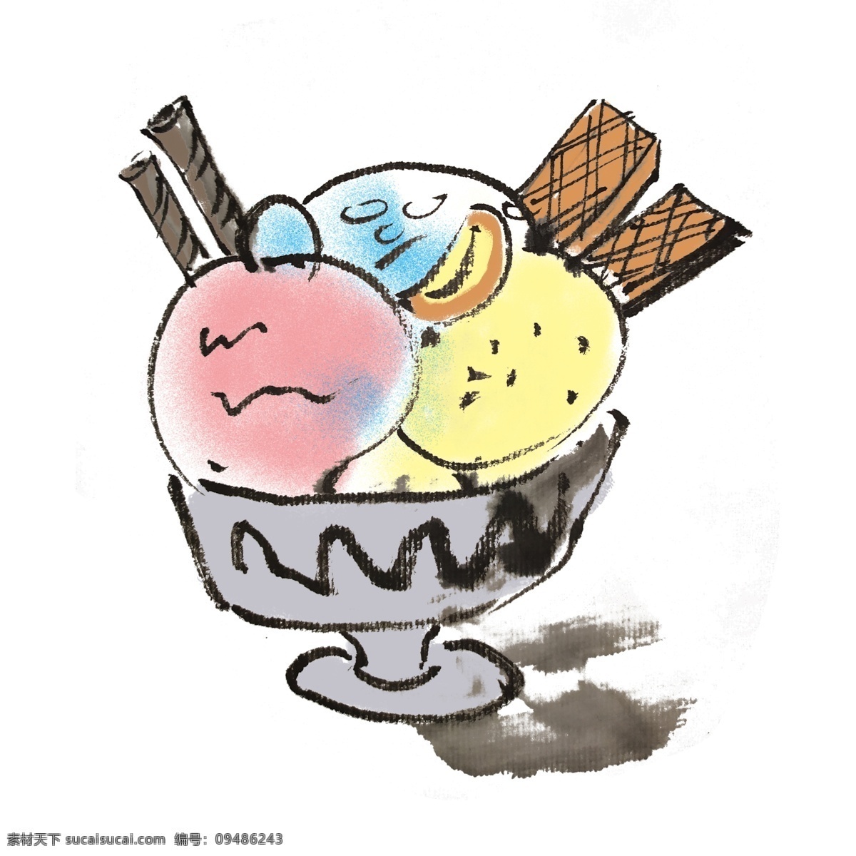 冰淇淋 甜品 手绘 装饰 清凉一夏 奶油 可爱 粉丝 夏季 夏天 中国风 古风 水墨风 墨迹 彩色 插画