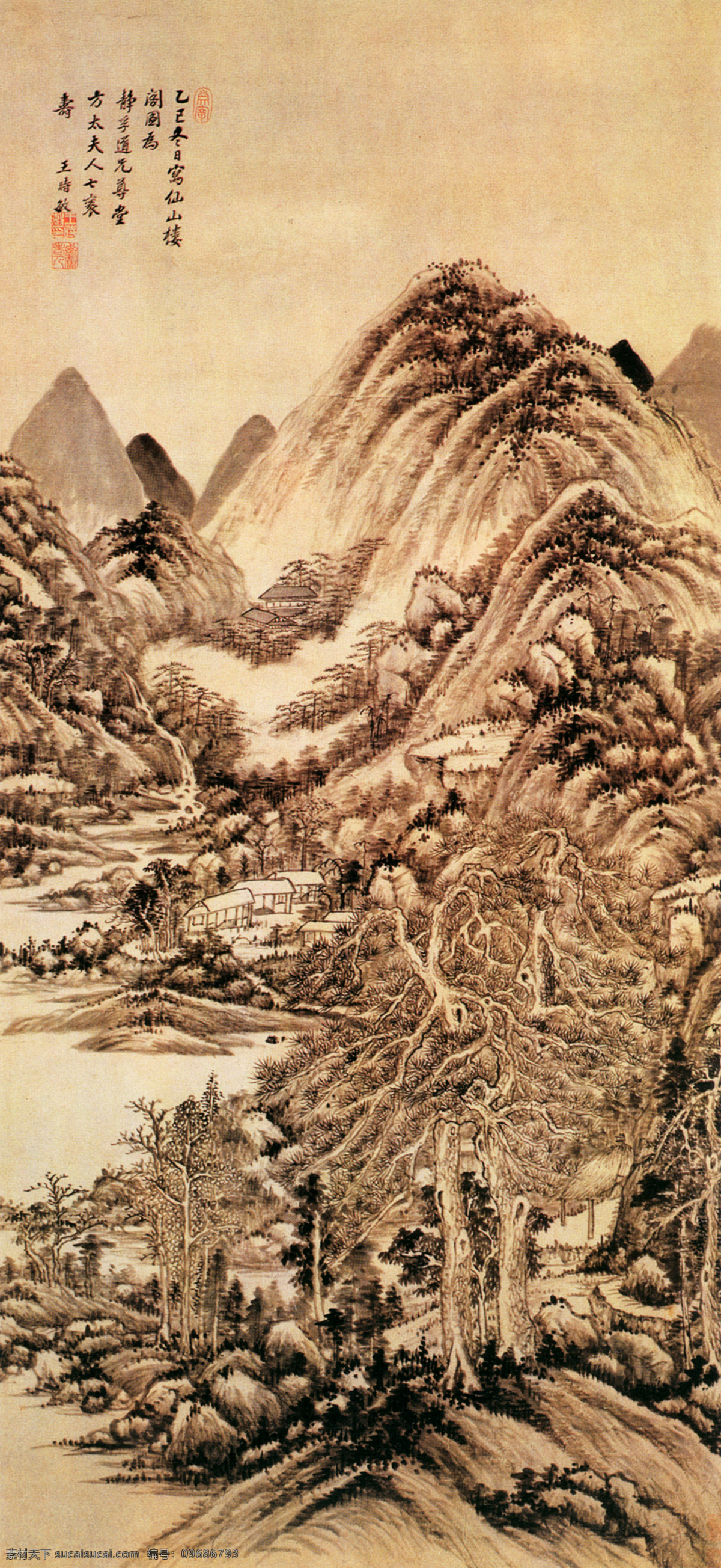 明末清初 王时敏 仙山楼阁 图 白云 亭台 楼阁 花 草 树 竹 山 石 水 古人 仙 古画 国画 工笔 古典 古代 印章 绘画 书法 高清 大图 艺术 传统文化 绘画书法 文化艺术