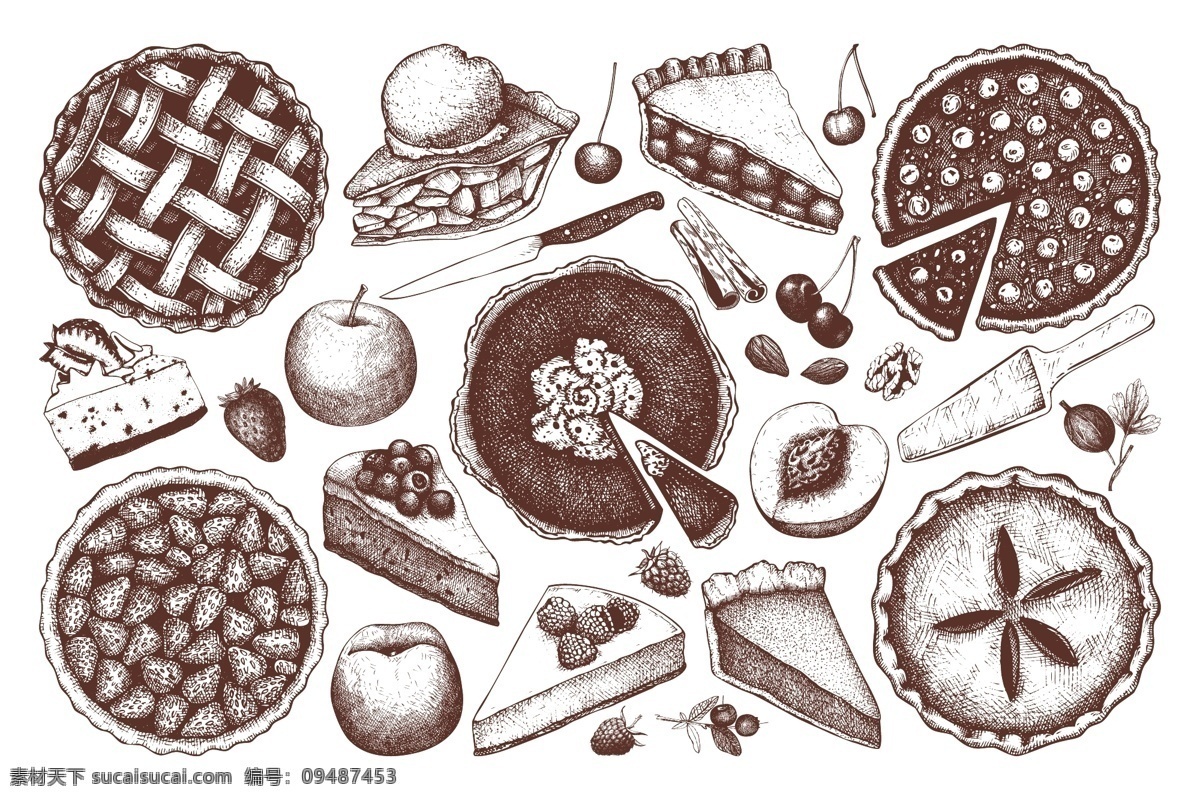 手绘 各种 烘焙 甜品 插画 蛋糕 面包 奶酪 水果