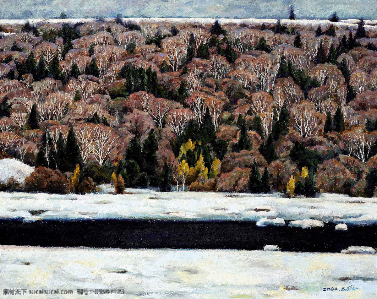 雪地 上 溪流 森林 油画 树木 绘画 艺术 书画文字 文化艺术