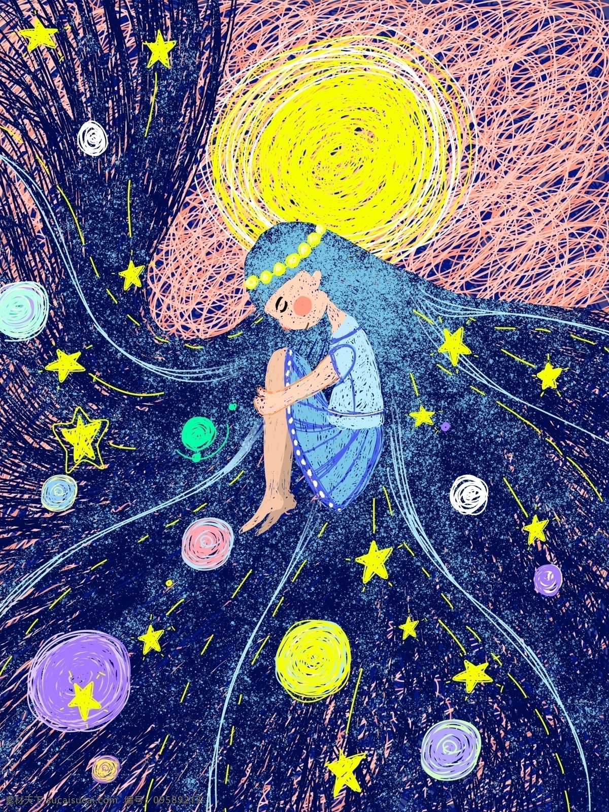 治愈 系 线圈 插画 星星 女孩 长发 月亮 唯美 治愈系 线圈插画 配图