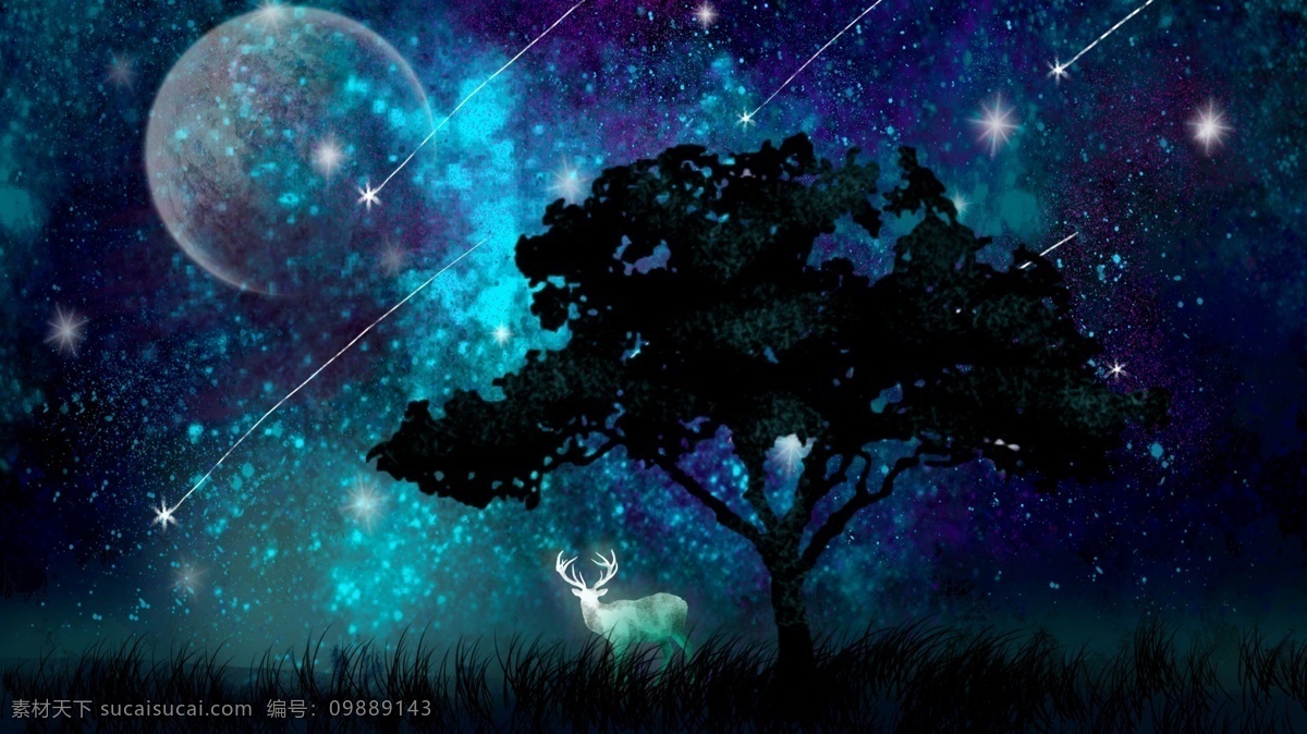 星空 下 树 鹿 插画 插图 剪影 精灵 月球 流星 装饰画 壁纸 手机壳 背景 驯鹿 晚安