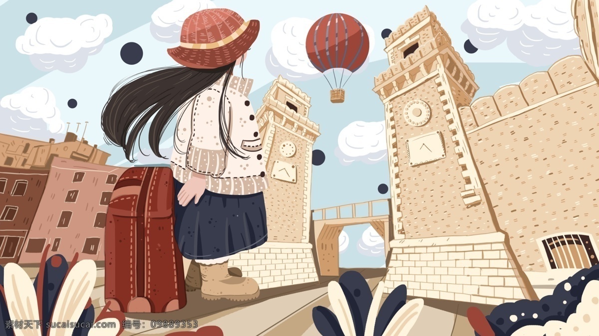 肌理 写实 小 清新 旅行 记 拉 行旅 箱 女孩 小清新 行李箱 热气球 城市建筑 旅游 肌理写实 旅行记 城市插画 城市肌理 复古文艺 浪漫之都 文章配图 说走就走