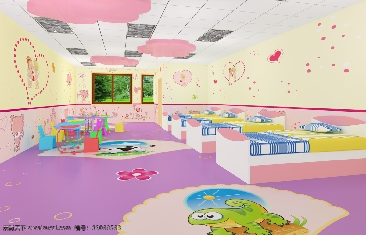 幼儿园 睡眠 室 壁画 床 环境设计 卡通 室内设计 桌子 幼儿园睡眠室 板凳 家居装饰素材