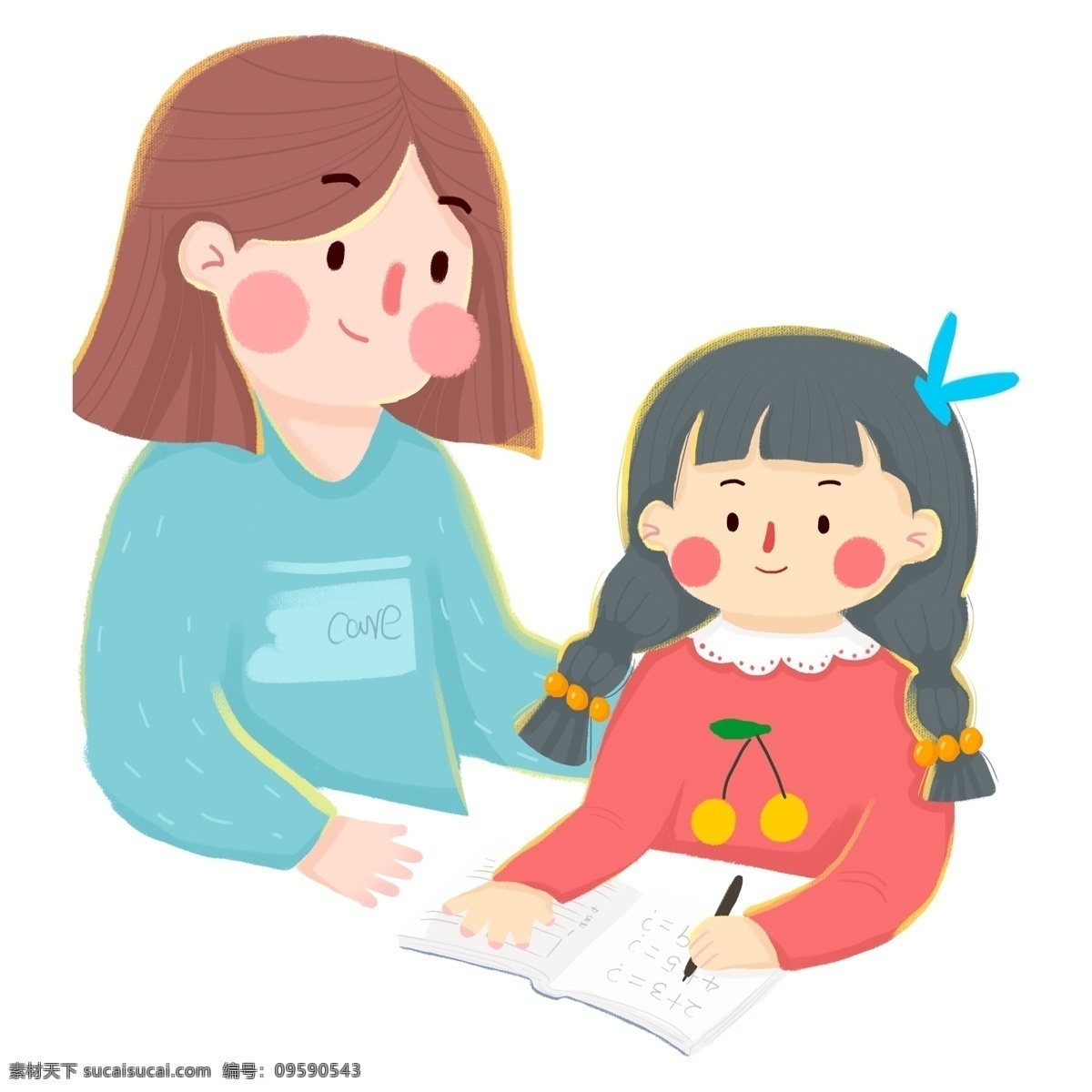 卡通 手绘 学习 母女 插画 人物 小清晰 女孩 女生 母女插画