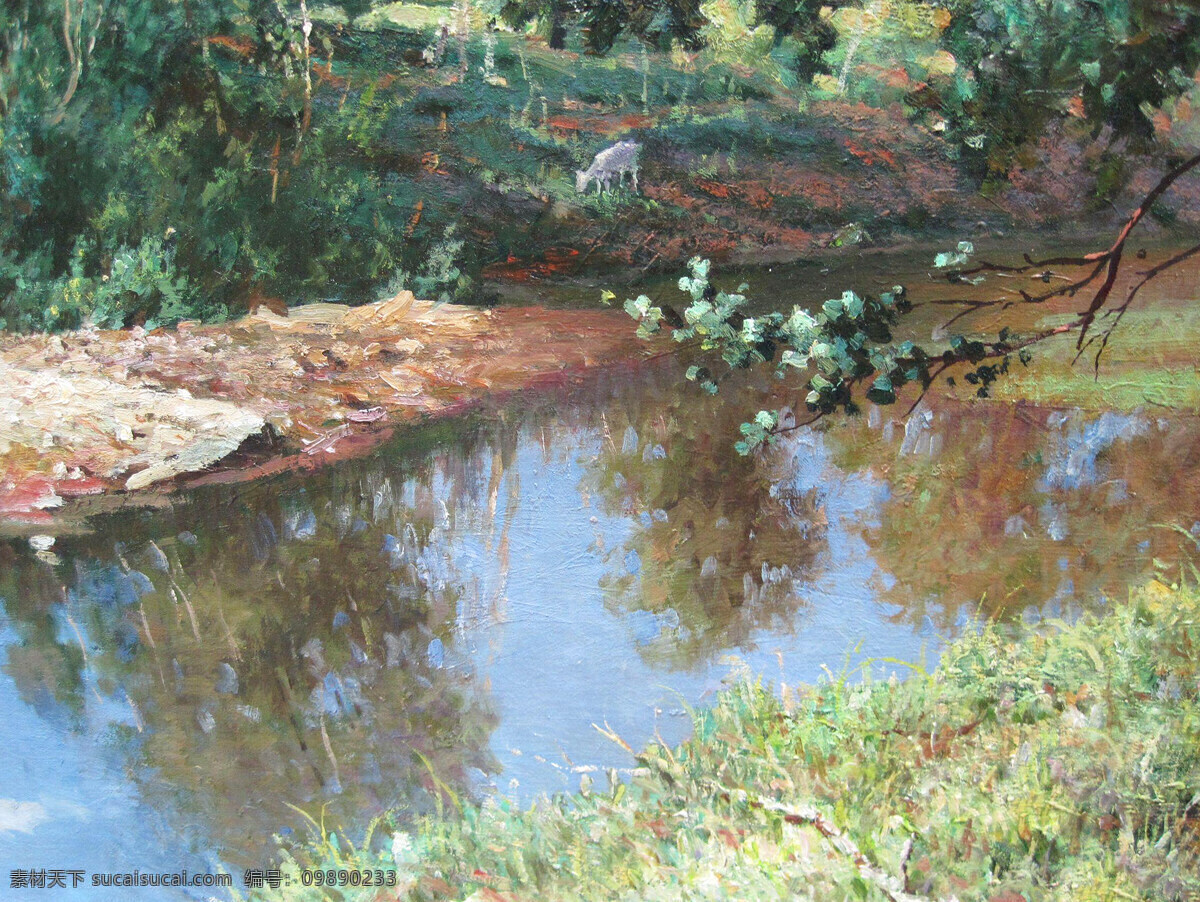 白羊 风景画 花草 绘画书法 美术 树木 文化艺术 草原 夏 设计素材 模板下载 草原之夏 油画 草野 溪水 油画艺术 油画作品56 家居装饰素材