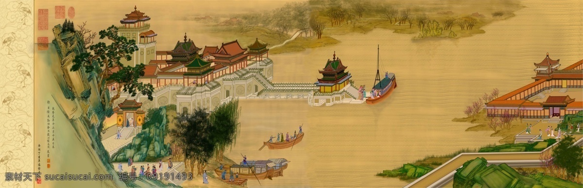 清明上河图 山 水 石 名画 古建筑 般只 古代人 停 风景画 风情 古画 湖 松树 分层 源文件