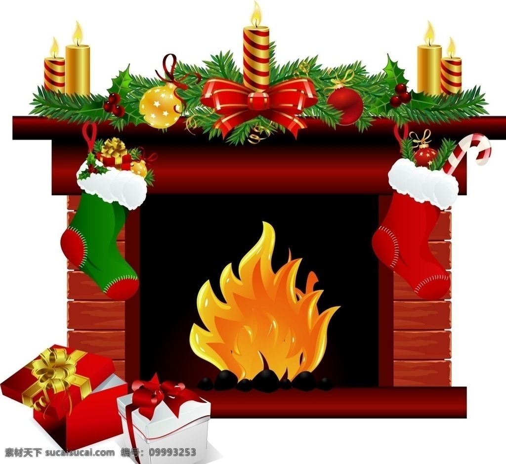 圣诞节壁炉 矢量素材 矢量 圣诞节元素 圣诞节素材 圣诞节 壁炉 圣诞树 沙发 袜子 礼物 蜡烛 丝带结 火焰 火苗 装饰 室内装饰 圣诞室内装饰 篝火