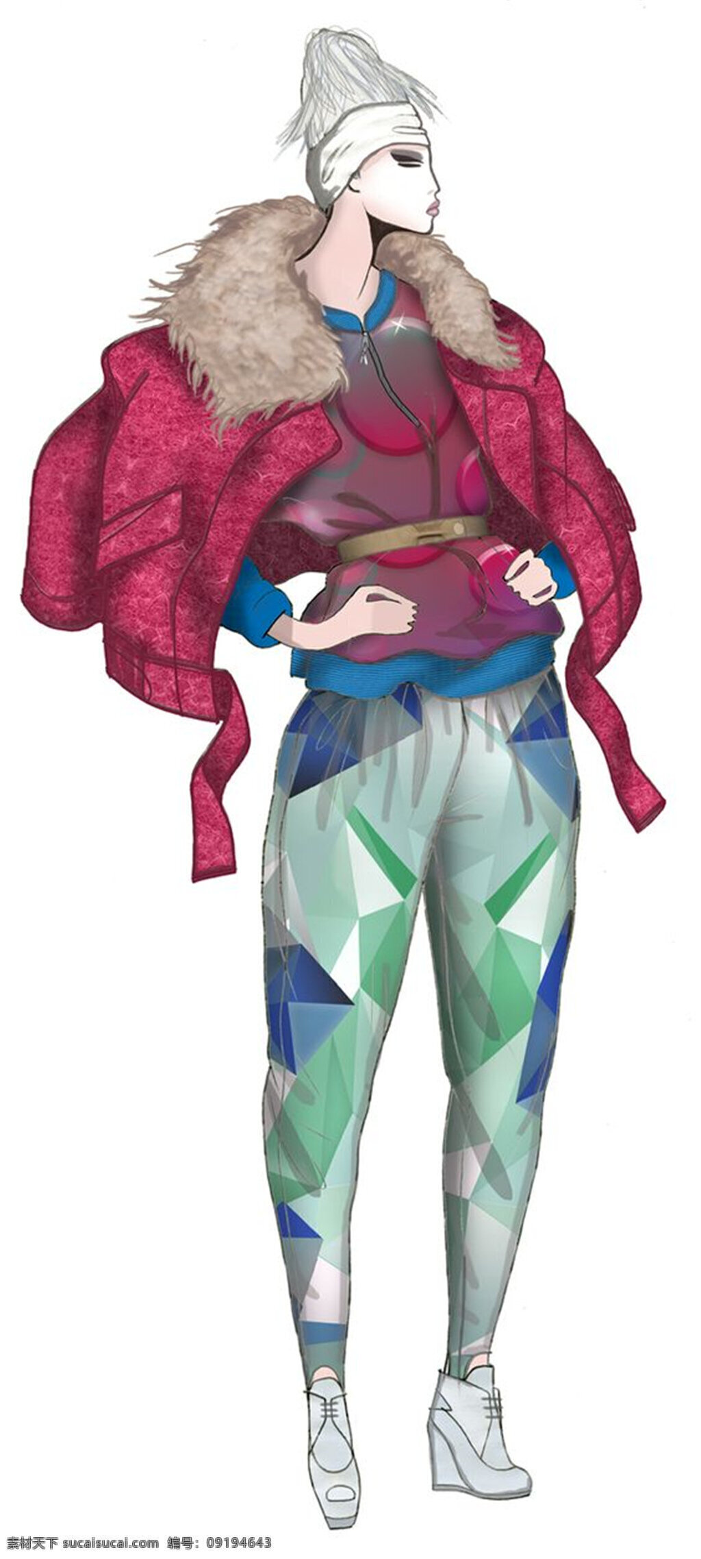 时尚 艳 红色 大 外套 女装 效果图 服装设计 服装效果图 红色外套 拼色裤子