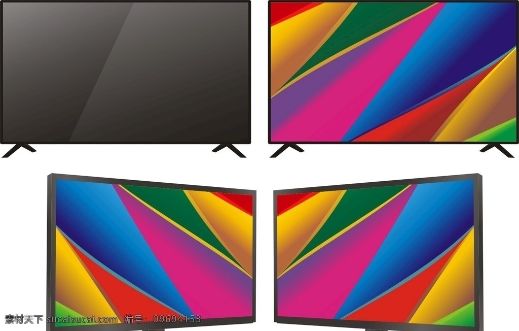 电视机 id 效果图 彩电 彩色电视机 超薄电视机 电视 显示器 彩屏 大屏幕 矢量图 渐变 彩色 鲜艳 视觉效果 冲击波 对称 渲染 填充 支架 底座 框架 透明 里面 立体效果 环境设计