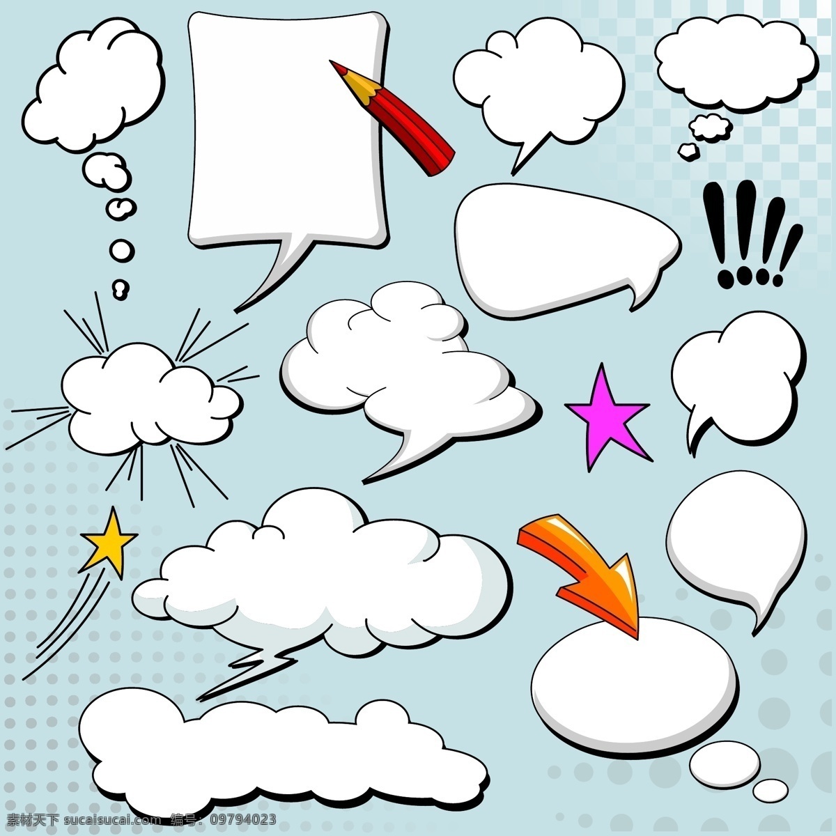 漫画 风格 蘑菇 云层 对话框 矢量 爆炸 箭头 铅笔 图形 星星 云 蘑菇云 矢量图 矢量人物