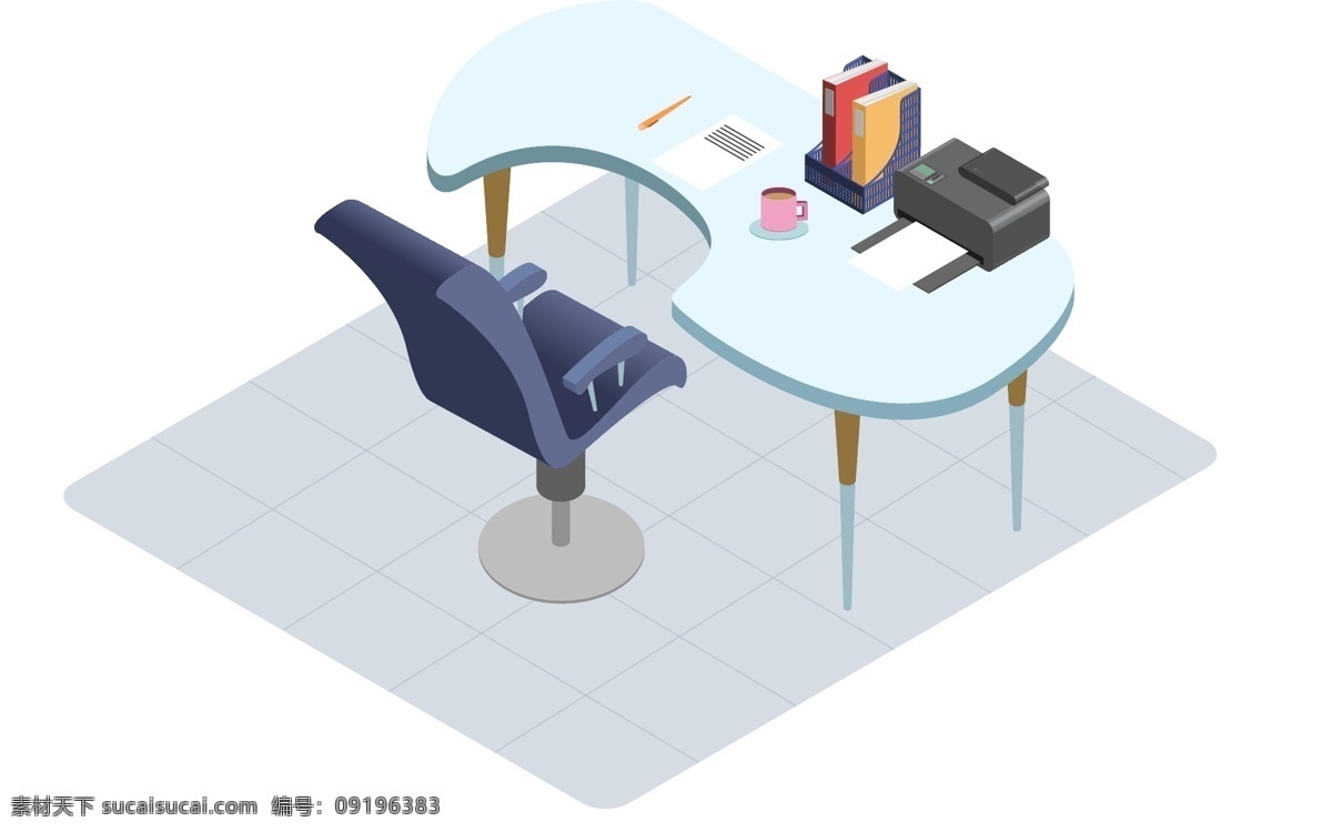 原创 d 立体 办公桌 办公用品 商用 元素 桌子 设计元素 水杯 2.5d 打印机 文件夹 文件筐 文件 板凳 地砖 可商用