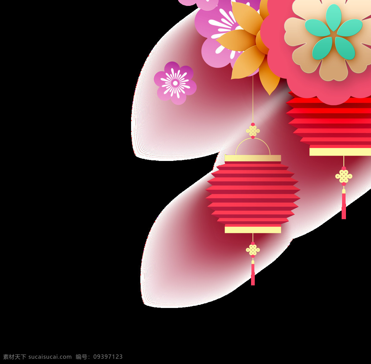 手绘 卡通 红色 灯笼 装饰 花朵 喜庆 质感