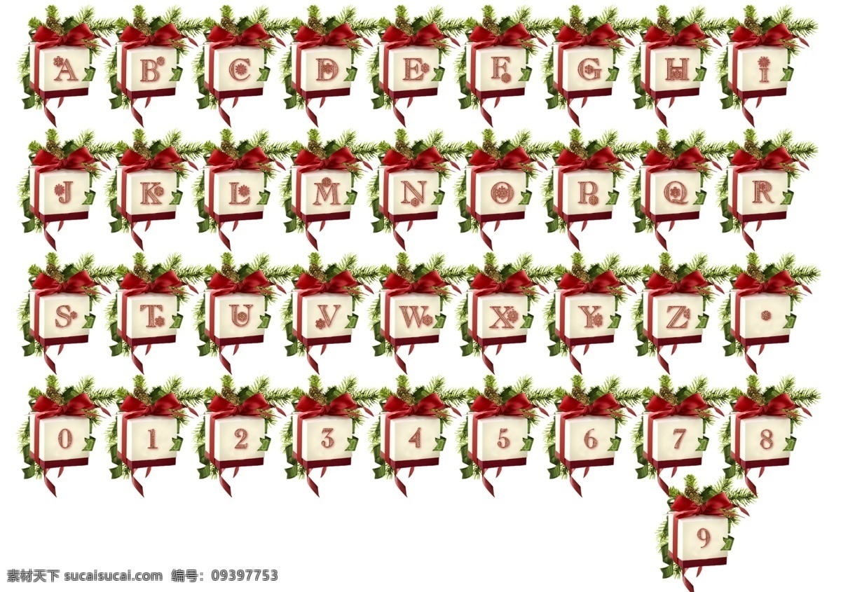 分层 白色 红色 蝴蝶结 节日 礼物 绿色 英文 字母 数字 圣诞节 针叶 26个 英文字母 10个 大写 造型 源文件 源文件库 系列 矢量图 艺术字
