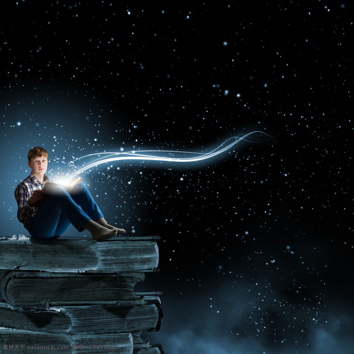 星空 下 坐在 书本 上 看书 男士 创意 高清 男孩
