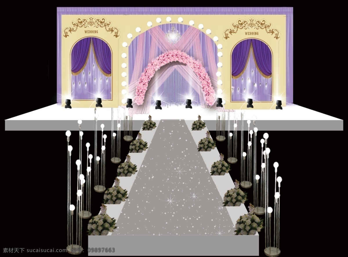 紫色 宫廷 风 婚礼 香槟色 kt板 龙珠灯柱 樱花拱门 水晶吊灯