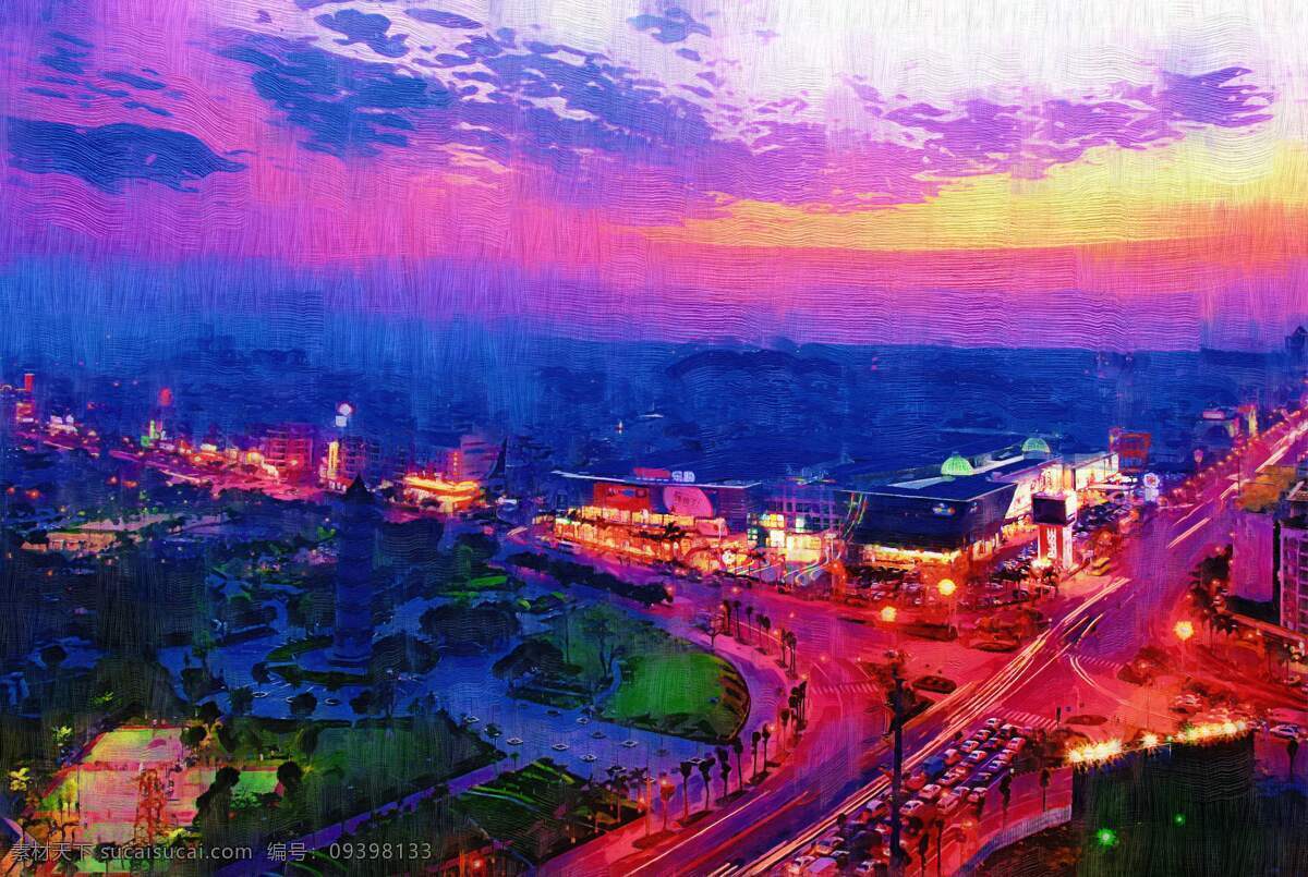 车流 城市 城市印象 都市 繁华 绘画书法 街道 街景 繁忙 夕阳 夜景 流光 印象 油画 文化艺术 家居装饰素材