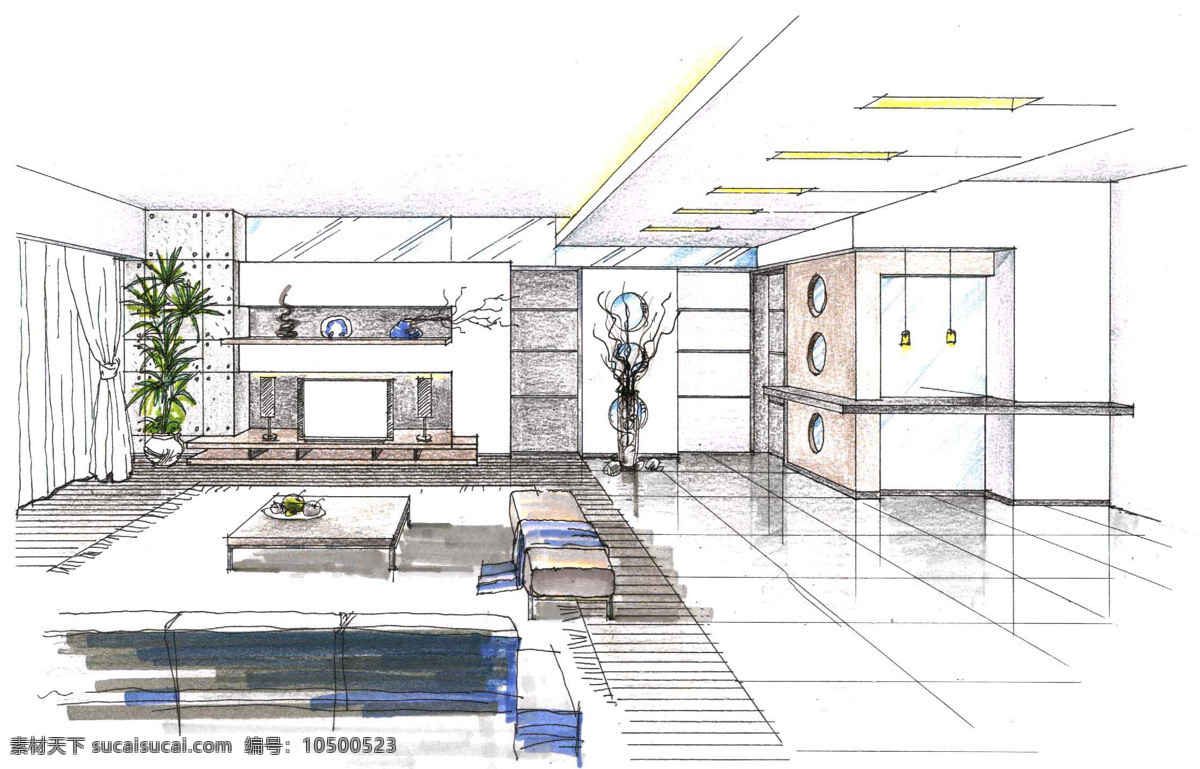 室内设计 效果图 电视 背景 墙 环境设计 客厅设计 手绘效果图 天花吊顶设计 装饰素材