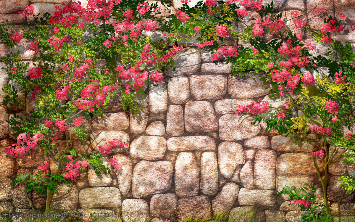 石墙 背景 红花 花草 花朵 石头 植物 自然 背景图片