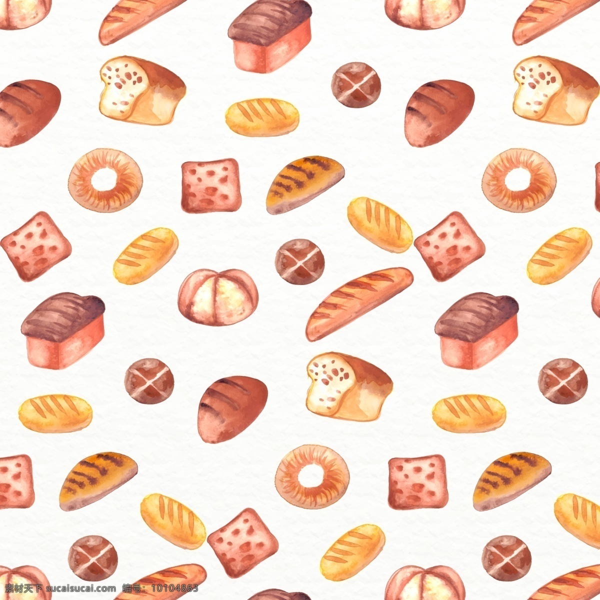 水彩 绘 面包 无缝 背景 矢量图 甜甜圈 长棍面包 烘培食品 无缝背景 底纹边框 背景底纹