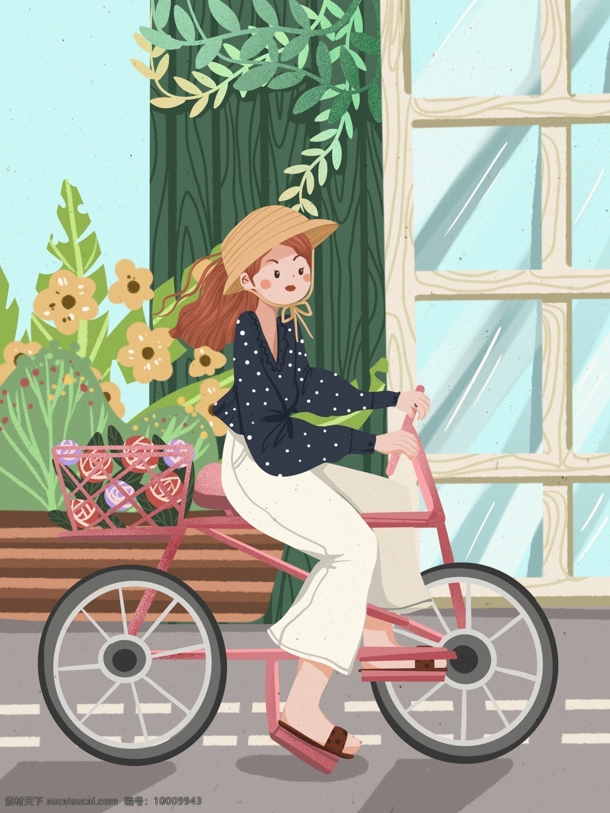 绿色 出行 女孩 骑车 小 清新 唯美 可爱 插画 小清新 浪漫 花卉 绿色出行 少女 自行车