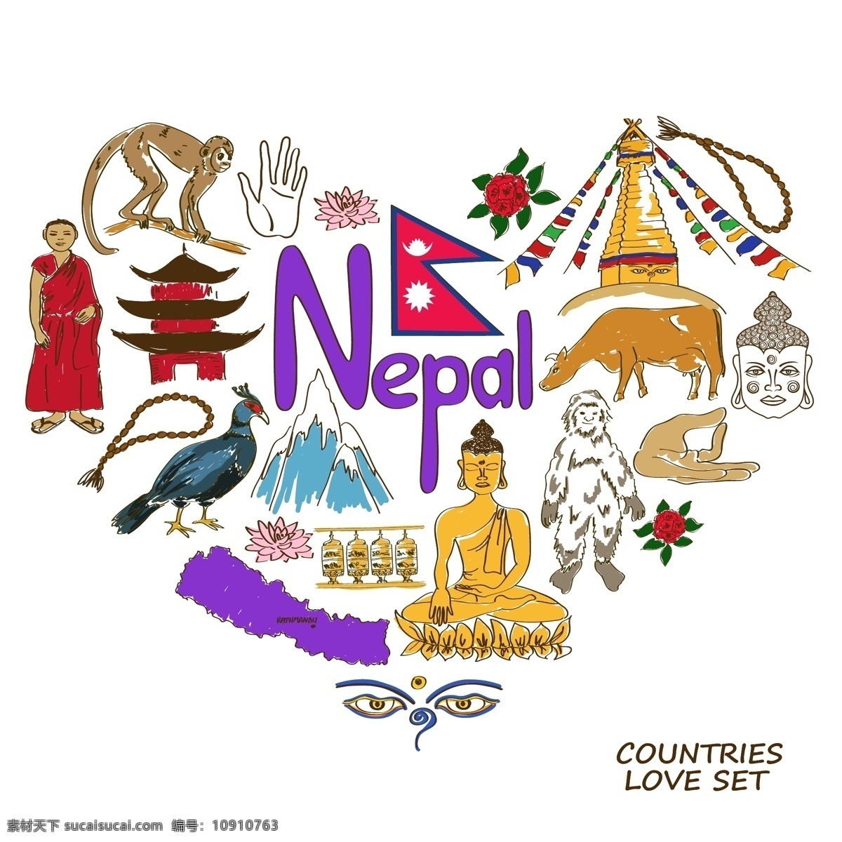 尼泊尔 国家 元素 国家元素 国家象征 国家图标 手绘 矢量 设计素材库 文化艺术 绘画书法
