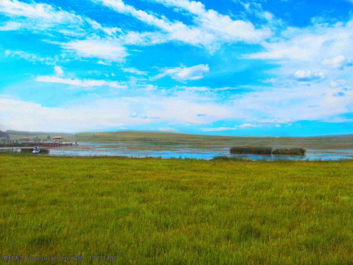 草原风景 草原 草场 蓝天 白云 天空 云朵 树木 河流 风景图 自然风光 自然景观 自然风景