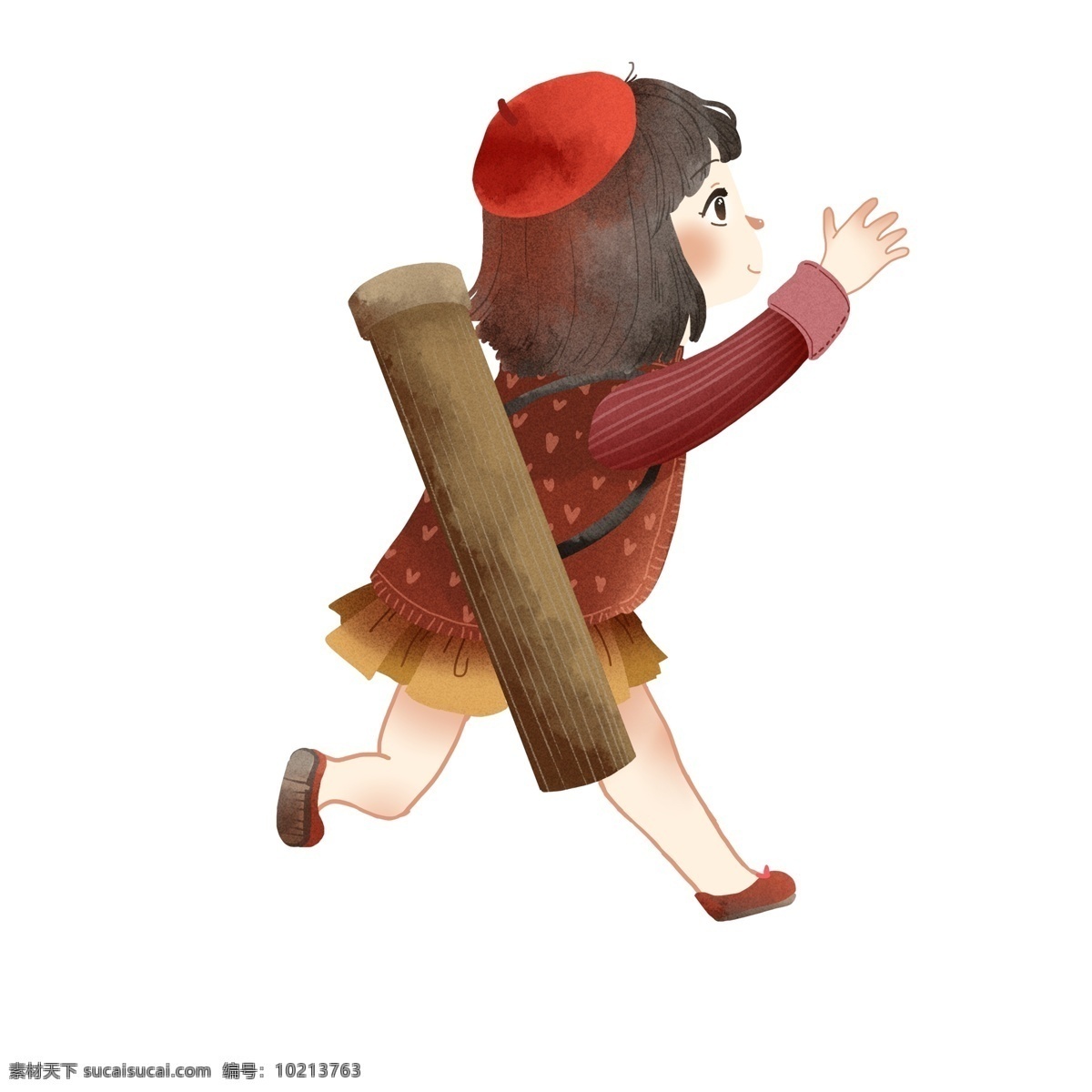 卡通 可爱 背着 画 筒 小女孩 画筒 人物 插画