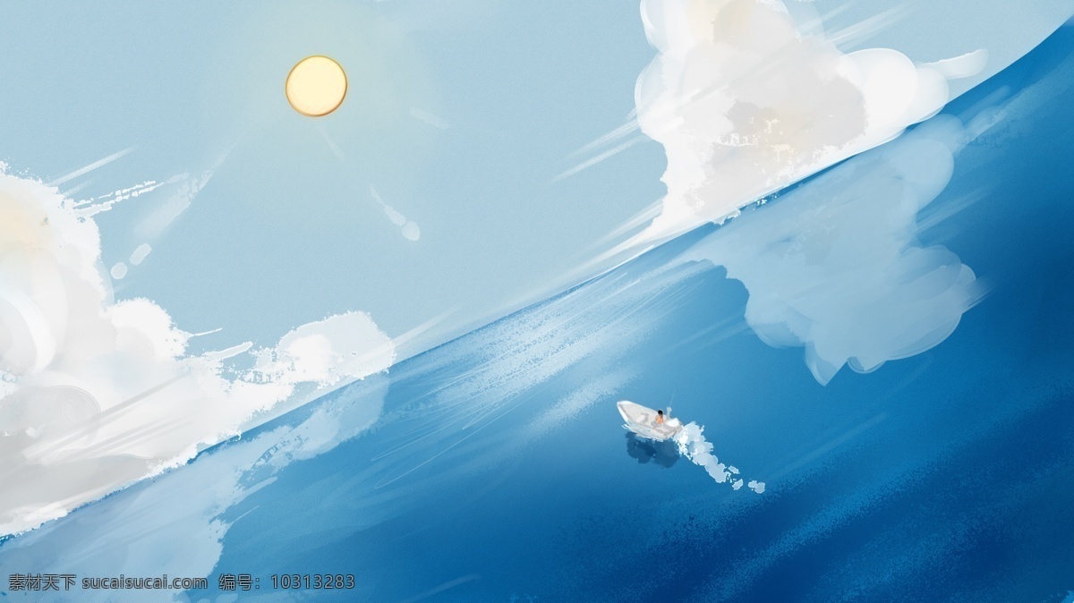 海面 文艺 休闲 水彩 手绘 插画 大海 船 云朵 太阳 阳光 海鸥 大夏天