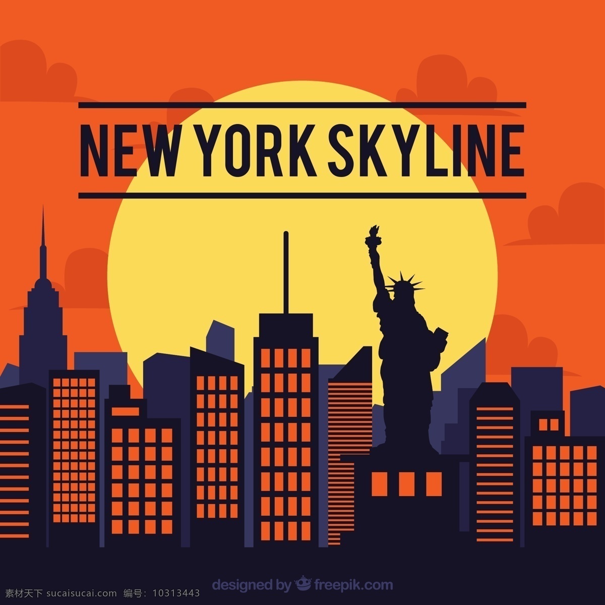 时尚 纽约 建筑 剪影 矢量 太阳 夕阳 云朵 自由女神像 楼房 城市 都市 文化艺术 绘画书法