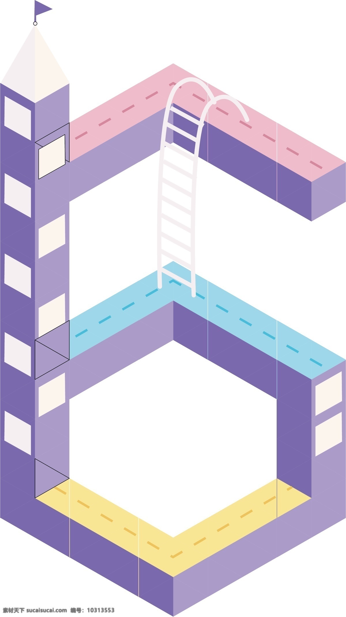 立体 卡通 数字 城堡 阶梯 元素 马卡 龙 色系 紫色 可爱