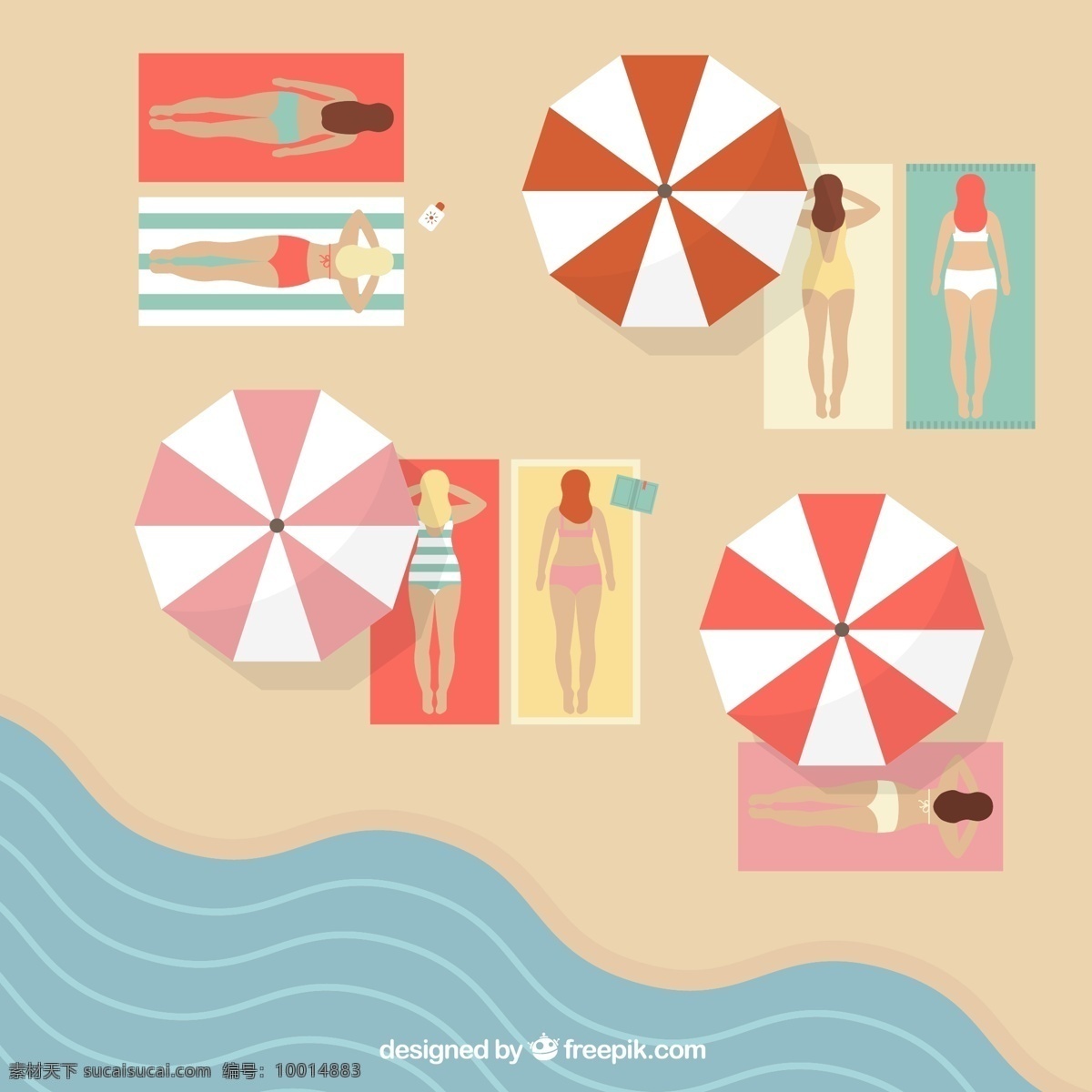 沙滩 日光 浴场 俯视图 女子 大海 夏季 遮阳伞 日光浴 沙滩毯子 矢量图 海水 黄色