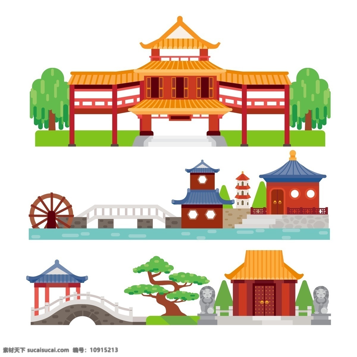 中国 传统 园林建筑 插画 仿古 建筑 亭楼 外观 园林 中式