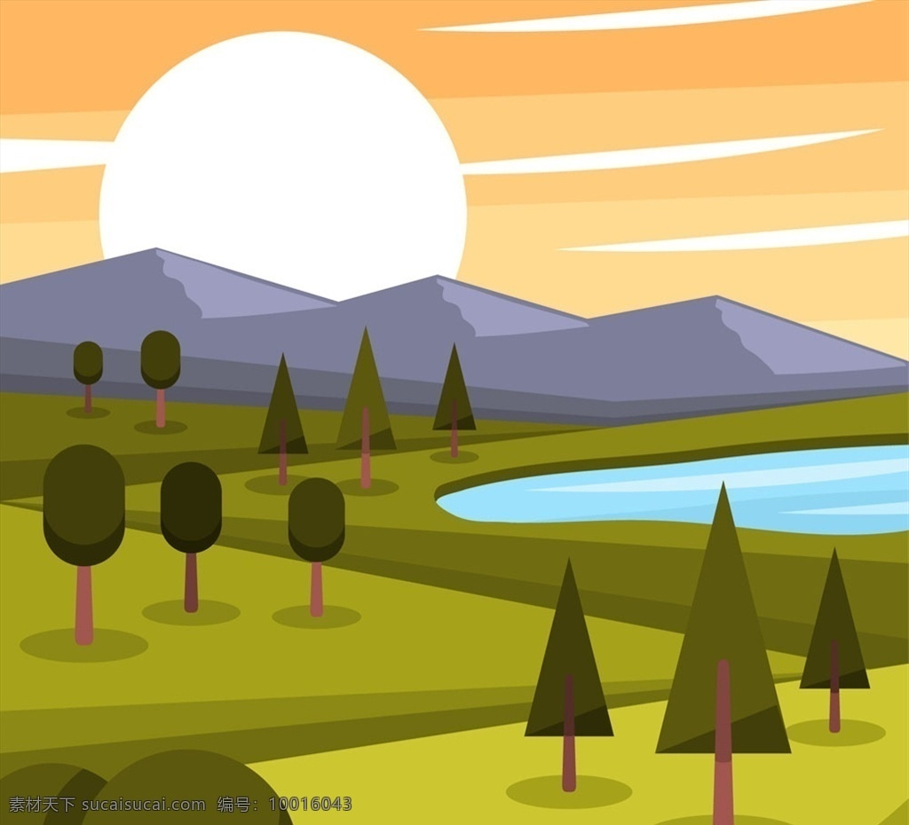美丽 夕阳 山脉 湖泊 风景 山 树 自然 动漫动画 风景漫画