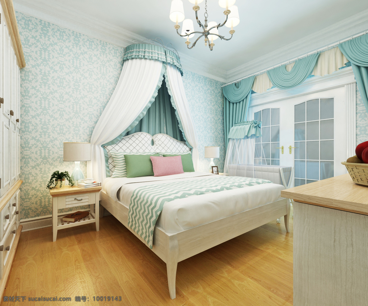 美式 洛可可 清新 卧室 主卧 欧式 美式乡村 蓝白搭配 环境设计 室内设计
