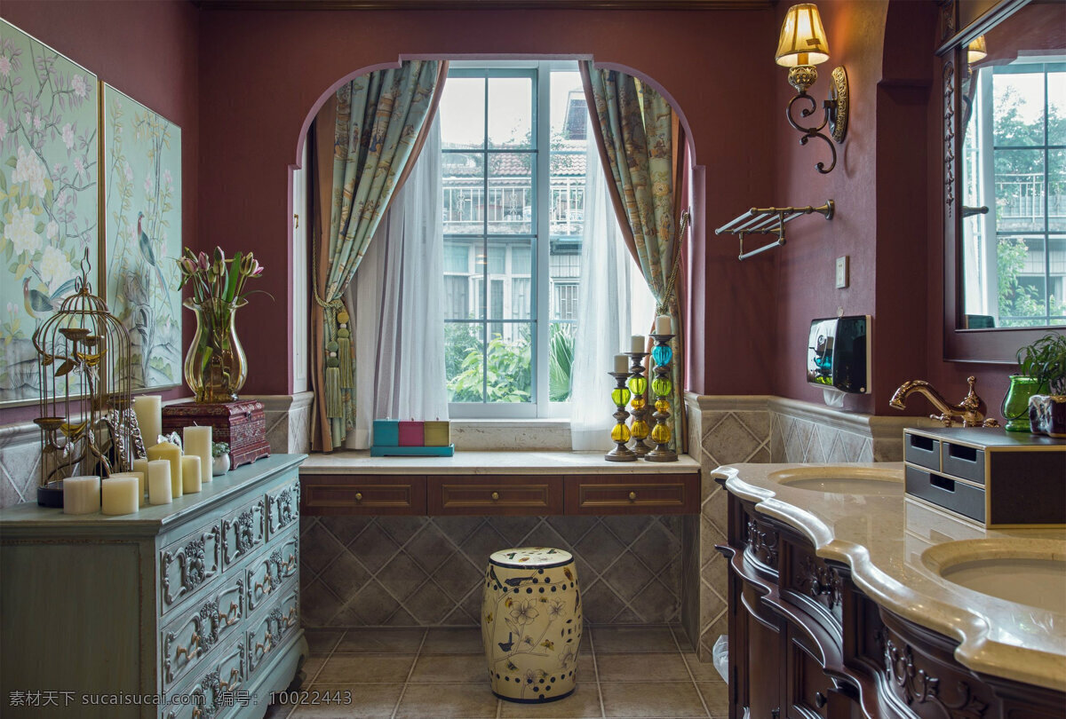 欧式 清新 客厅 瓷砖 洗手台 室内装修 效果图 客厅装修 瓷砖洗手台 暖色壁灯 浅色柜子