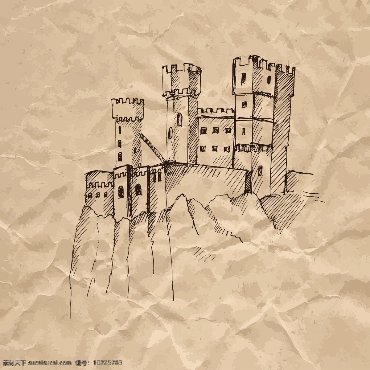 城堡 悬崖 褶皱 纸张 手绘 速写 欧洲 建筑 矢量 著名建筑 欧式 素描 广告 背景
